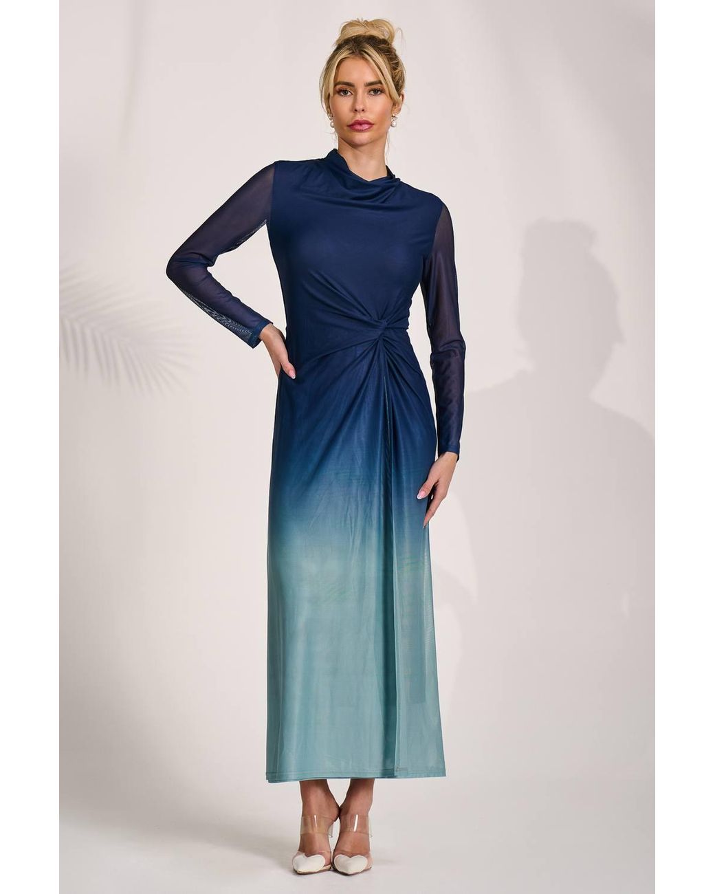 Jolie Moi Blue Petite Long Sleeve Mesh Maxi Dress