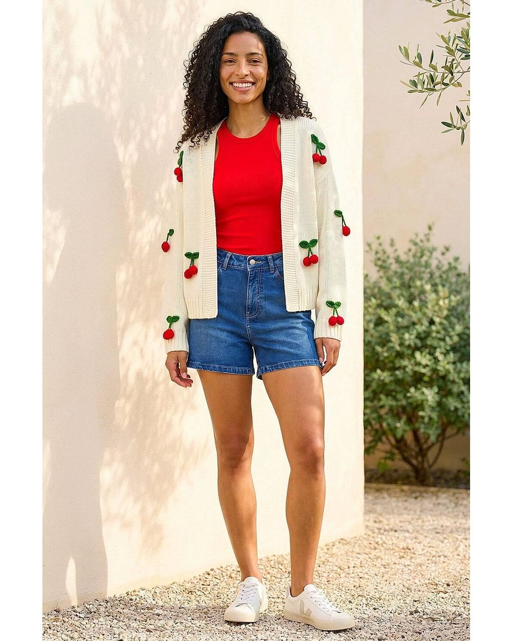 Roman Red Crochet Cherry Knit Cardigan