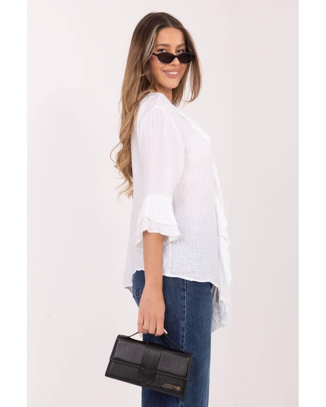 Love Lace White Viscose V-Neck Long Sleeve Shirt With Ruffles