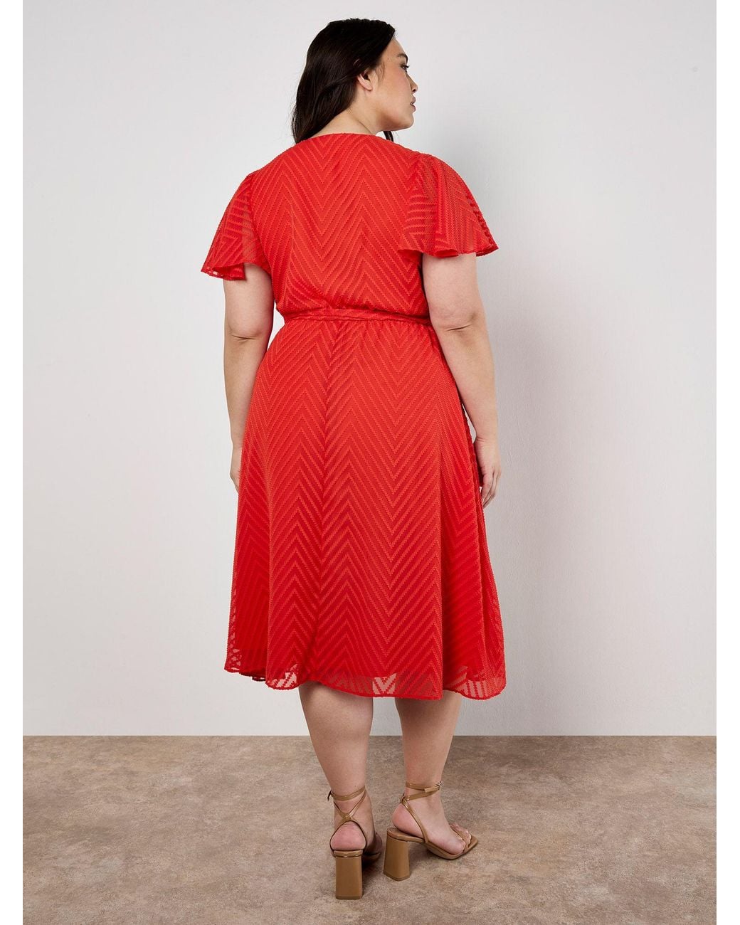 Apricot Red Curve Jacquard Chevron Wrap Midi Dress