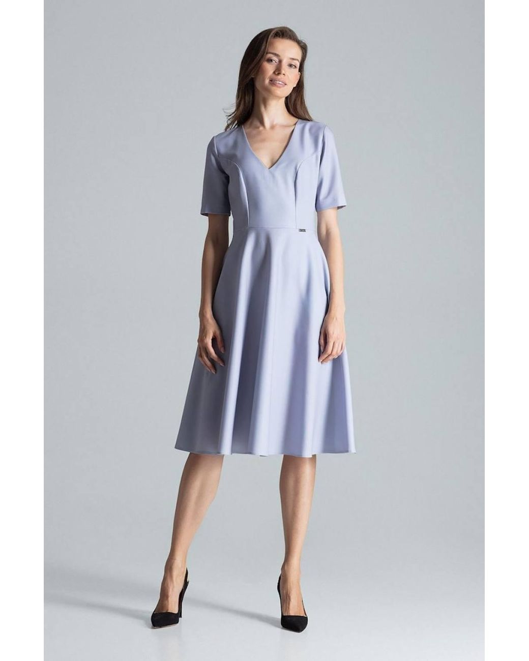 Love Lace Blue Flared Midi Dress With Short Sleeves Pockets