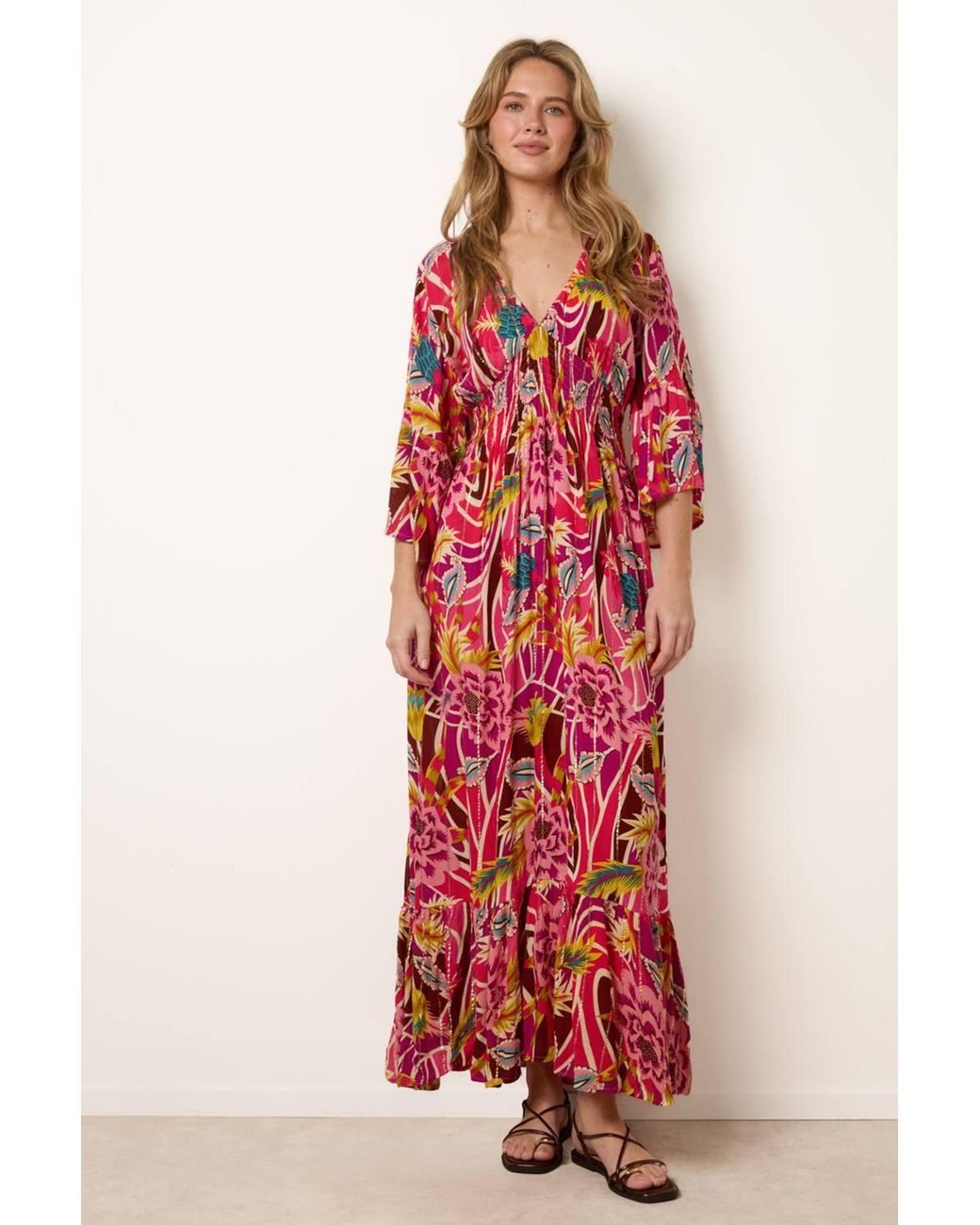 Blue Vanilla Shirred Waist Long Sleeve V-Neck Maxi Dress