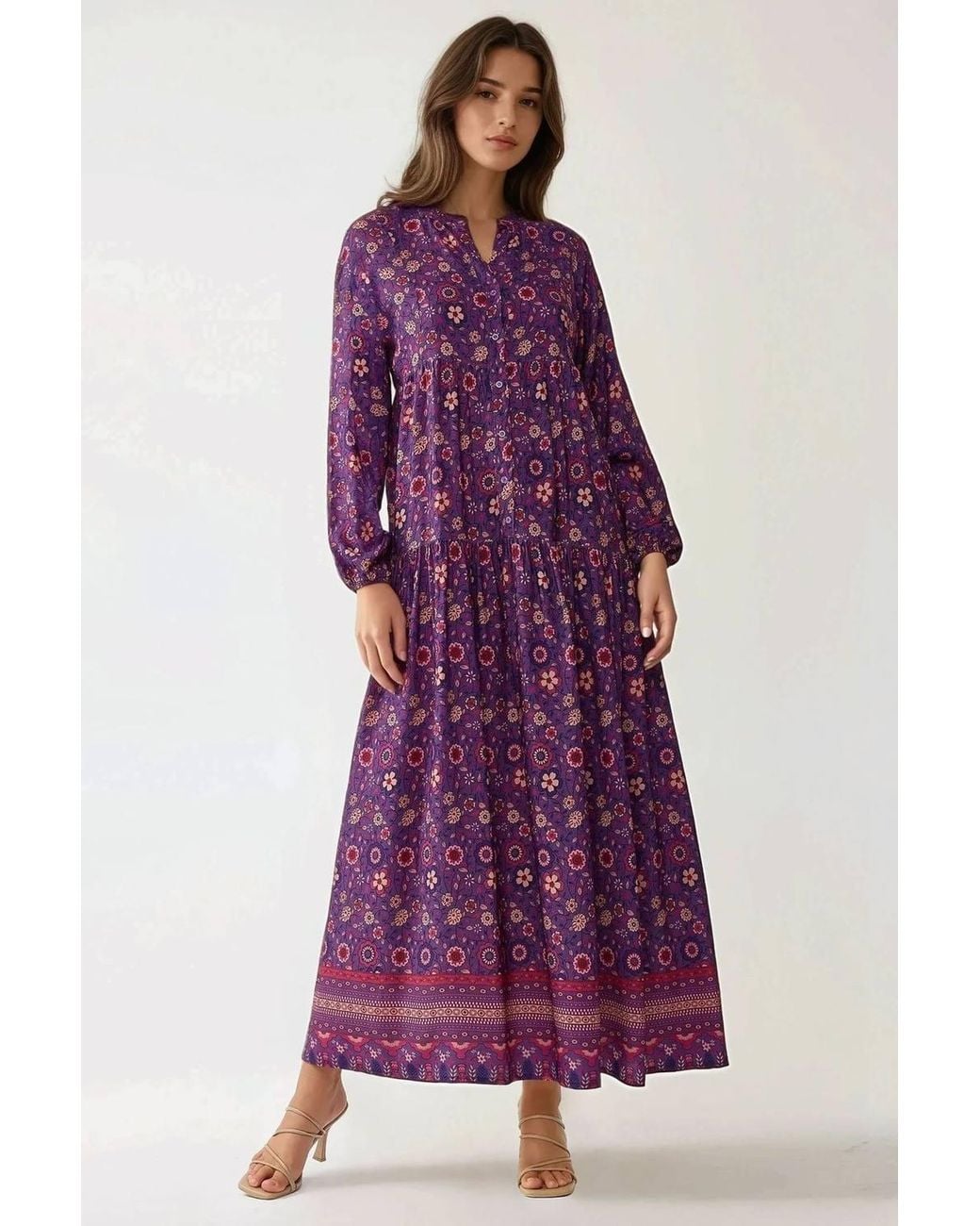 Hiccup Purple Printed V-Neck Maxi Dress With Buttons