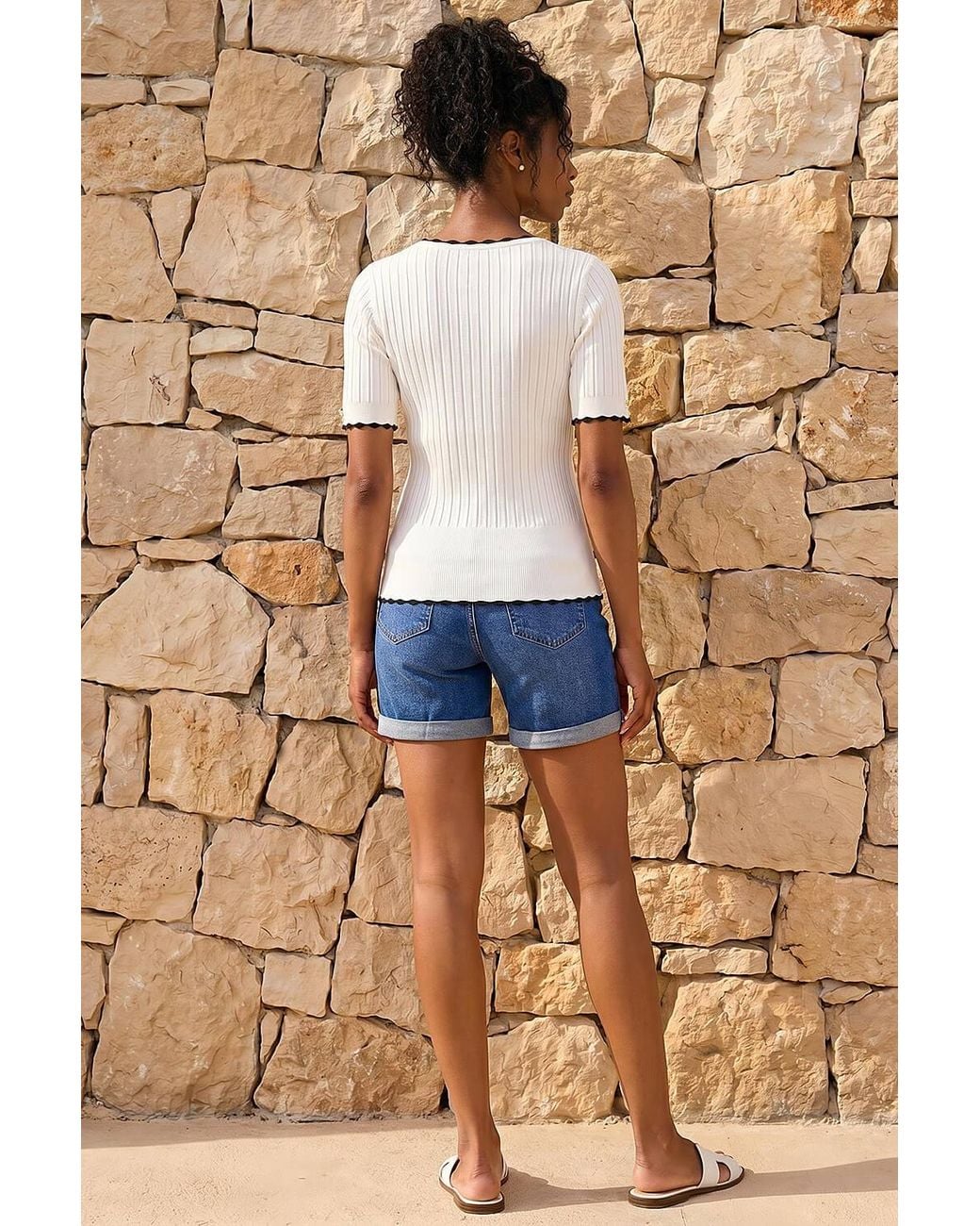Roman Brown Button Detail Ribbed Knit Top