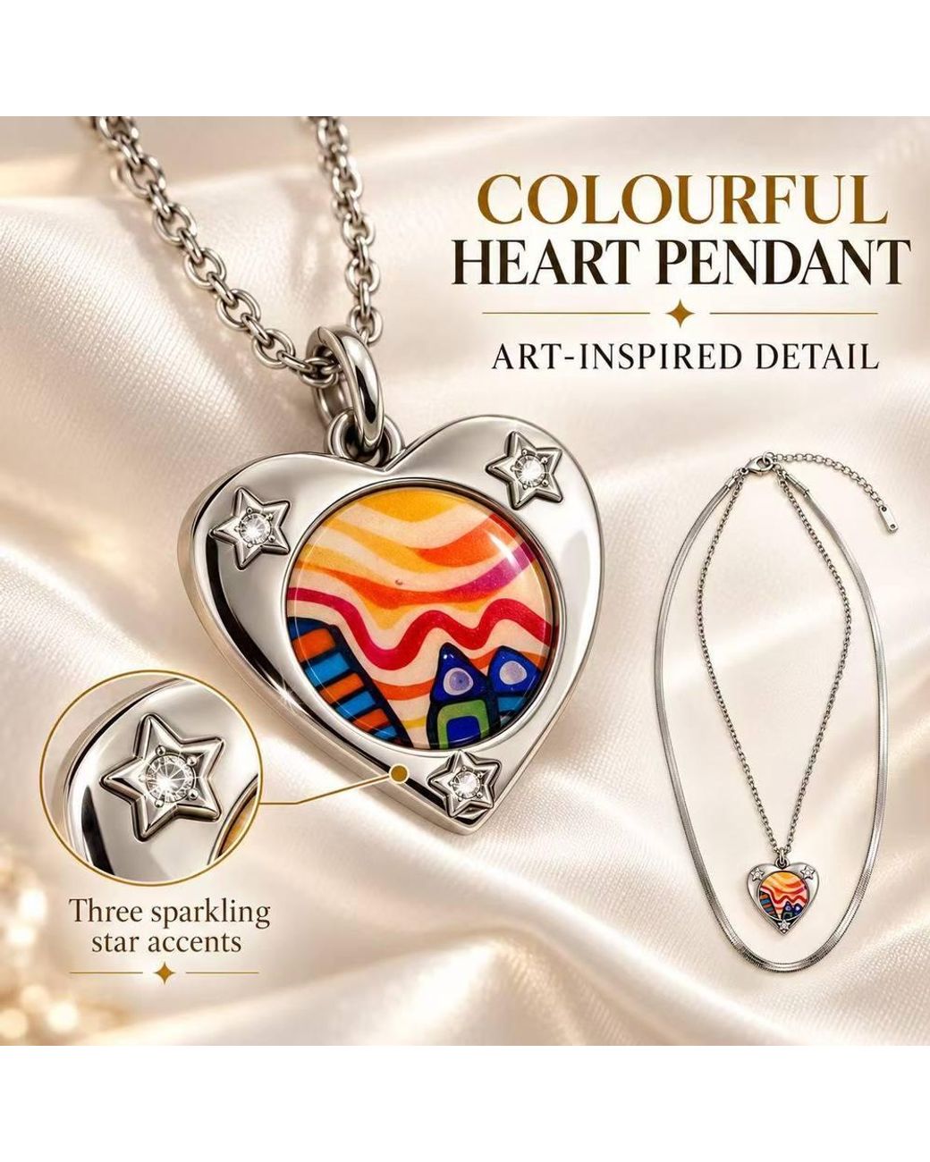 BluCore Natural Double Layer Heart Pendant Necklace With Colourful Art Pattern
