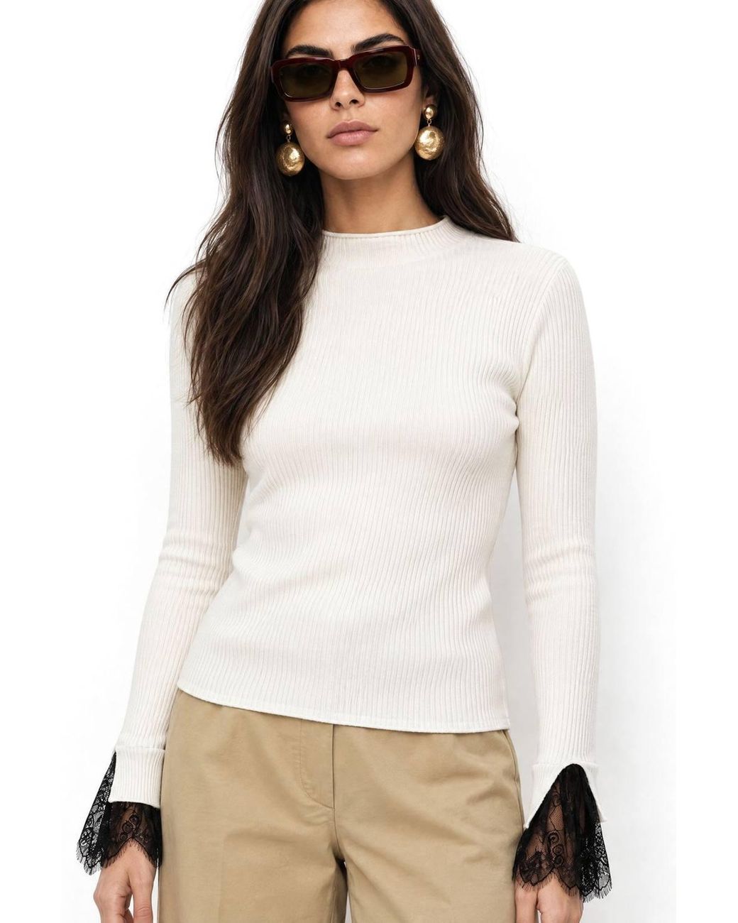 MixRay White Slim Fit Ribbed Knit Sweater With Crew Neck