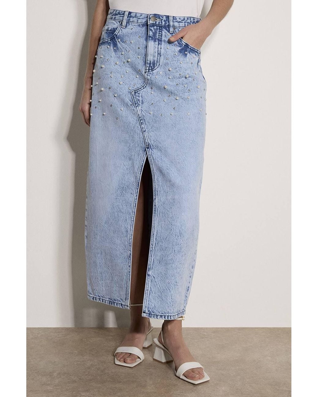 Apricot Blue Amara Faux Pearl Cotton Denim Midi Skirt
