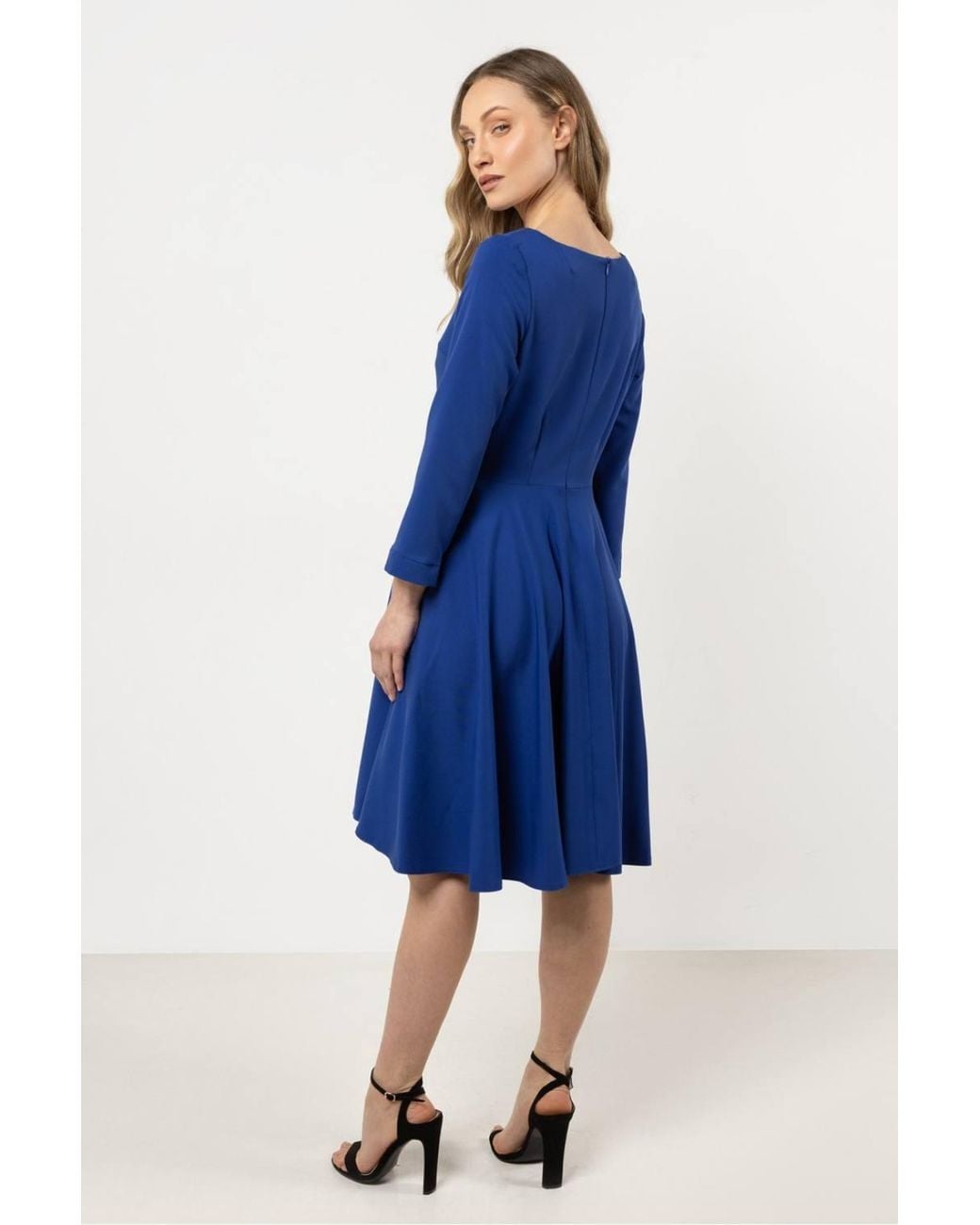 Love Lace Blue Classic Flared Boat Neck Dress With Front Buttons Style 212241