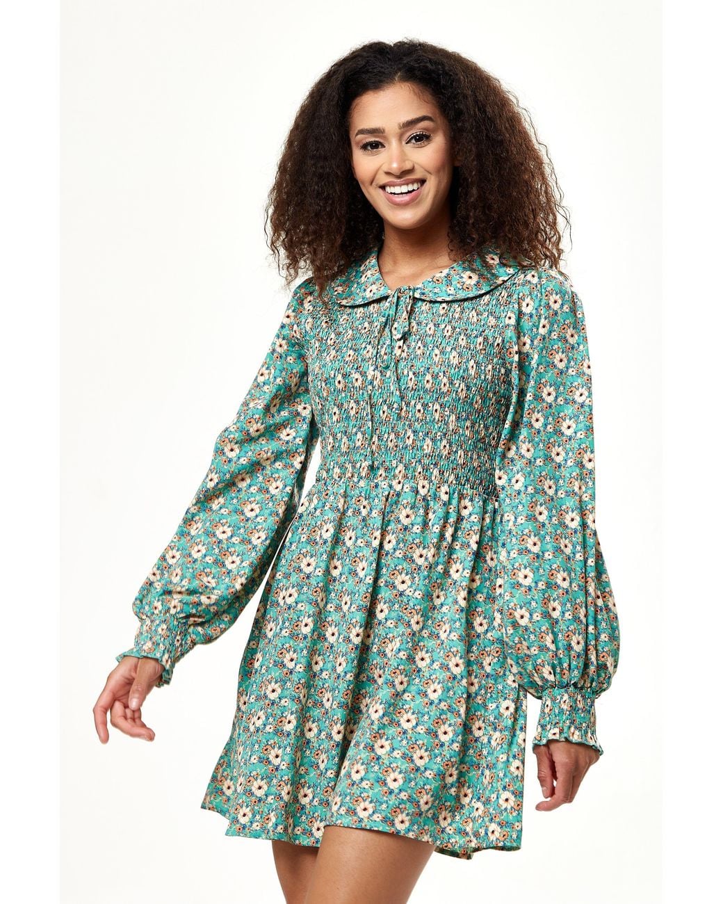 Liquorish Green Floral Print Smock Mini Dress With Peter Pan Collar