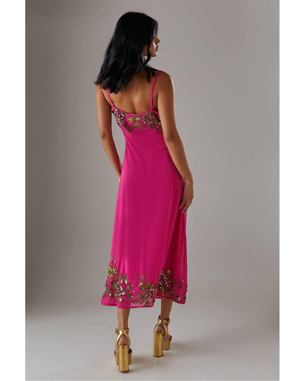 Warehouse Pink Hand Embellished Strappy Bias Sequin Midi Dress