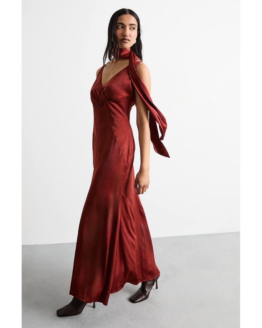 Warehouse Red Plain Scarf Detail Tie Neck Maxi Dress