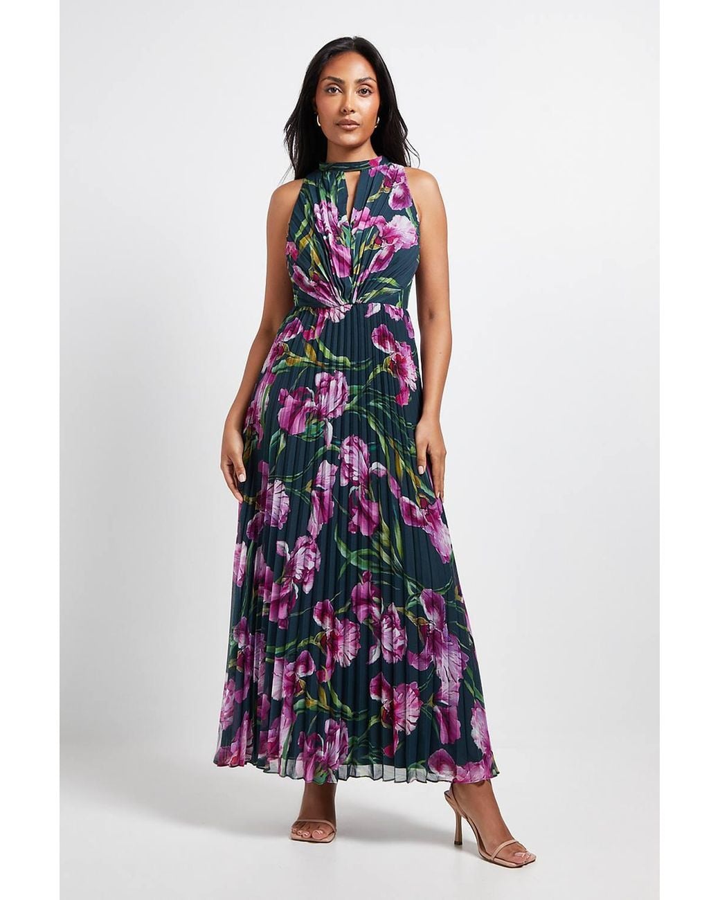 Wallis White Petite Floral Print Pleated Maxi Dress