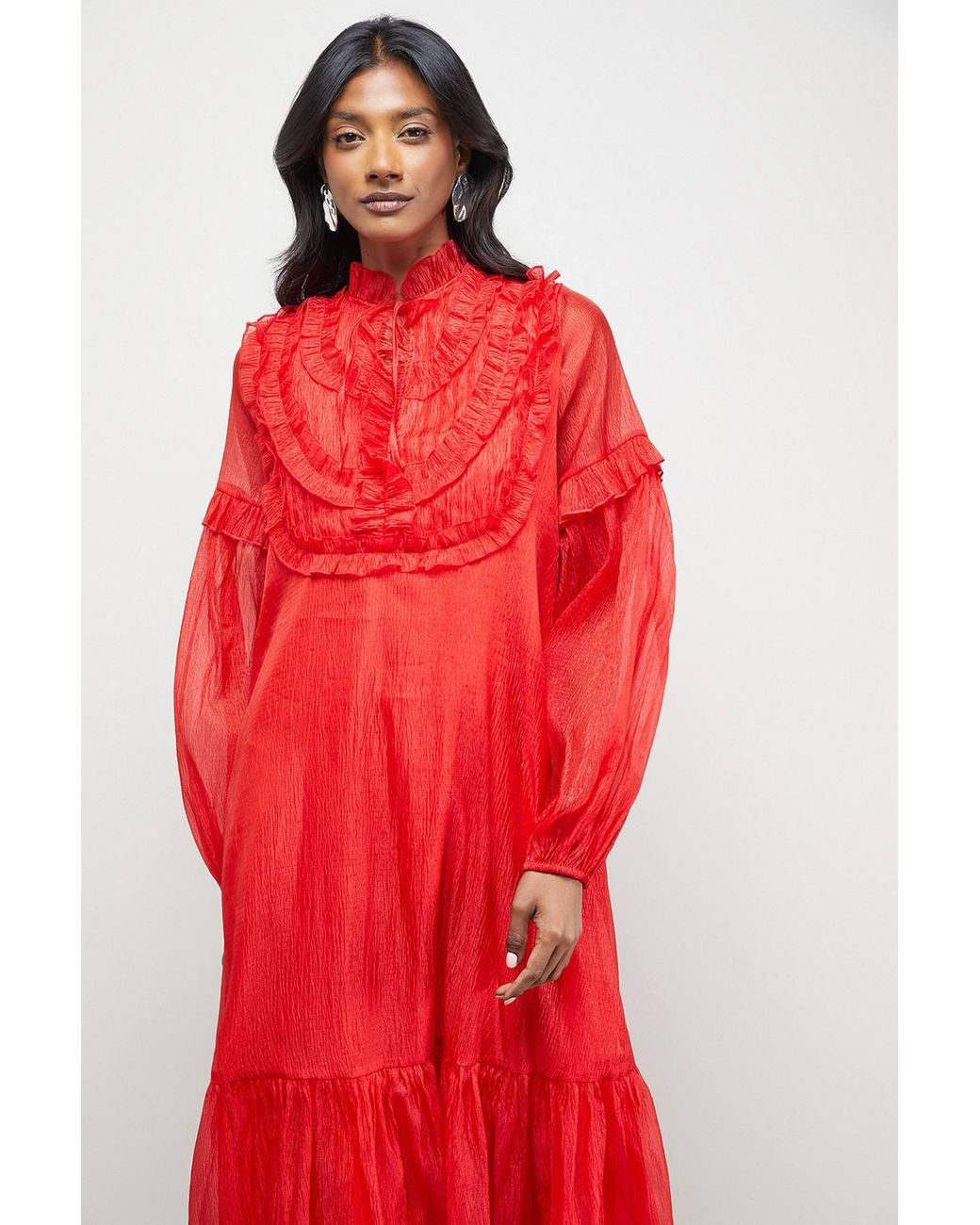 Warehouse Red Premium Crinkle Stripe Organza Frill Pleat Detail Midi Dress