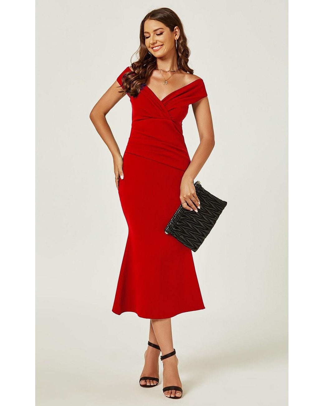 FS Collection Red Bardot Pleated Midi Dress