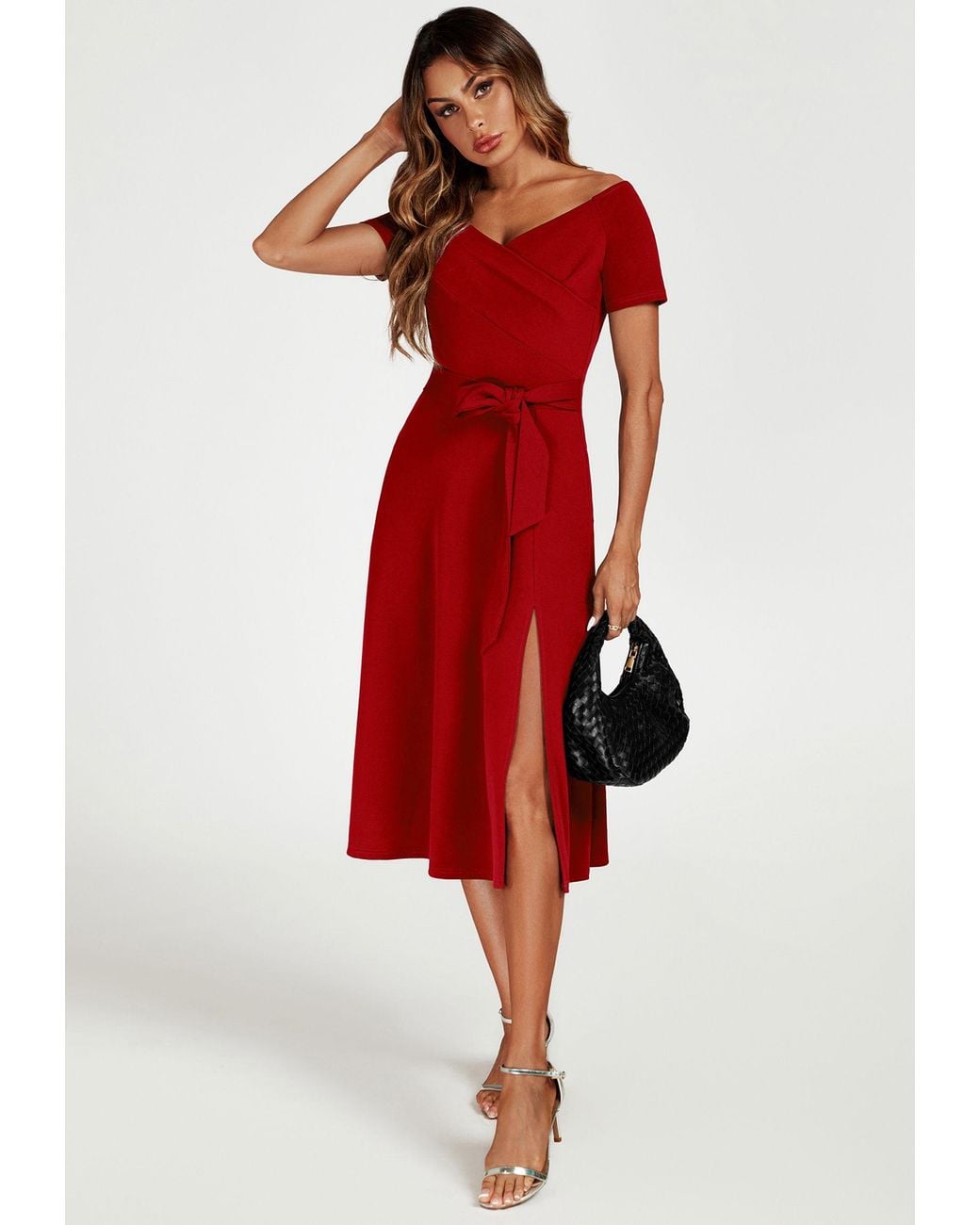 FS Collection Red Bardot Midi Dress