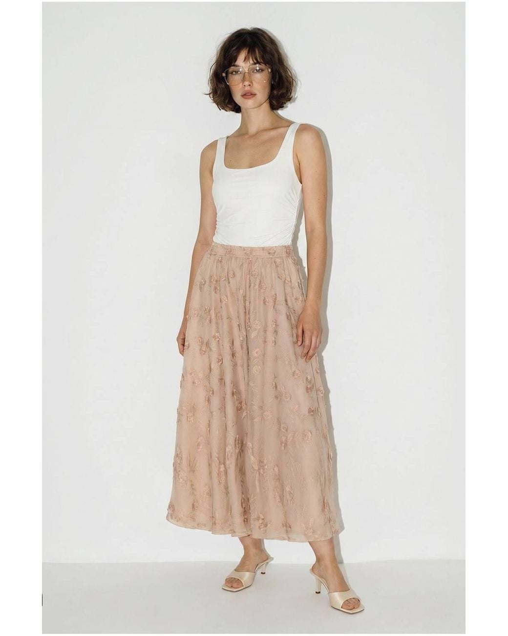 Bianco Lucci Natural Embroidered High-Waist Midi A-Line Skirt