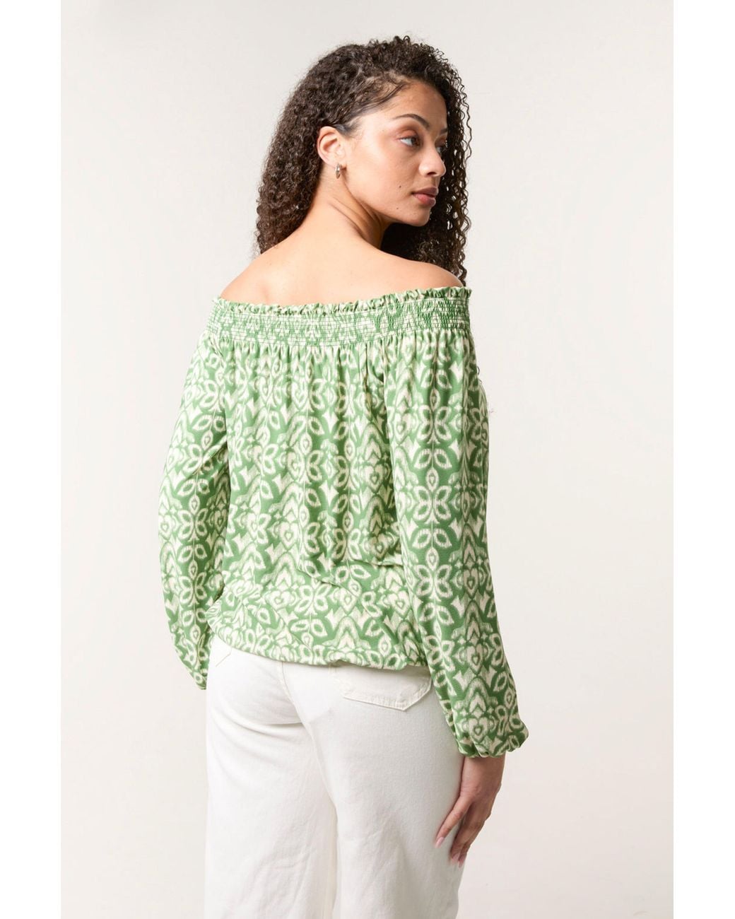 Blue Vanilla Green Long Sleeve Slip On Off-The Shoulder Top