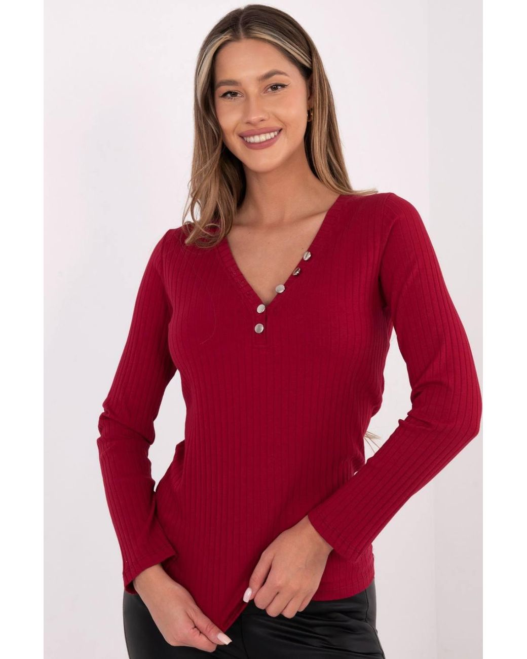 Love Lace Red Cotton Elastane Ribbed V Neck Button Blouse