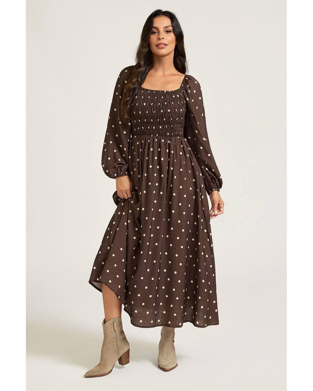 FS Collection Brown Print Square Neck Midi Dress With Long Sleeves