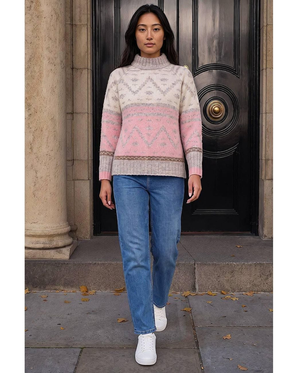 Roman Pink Petite Aztec Colour Block Knit Jumper