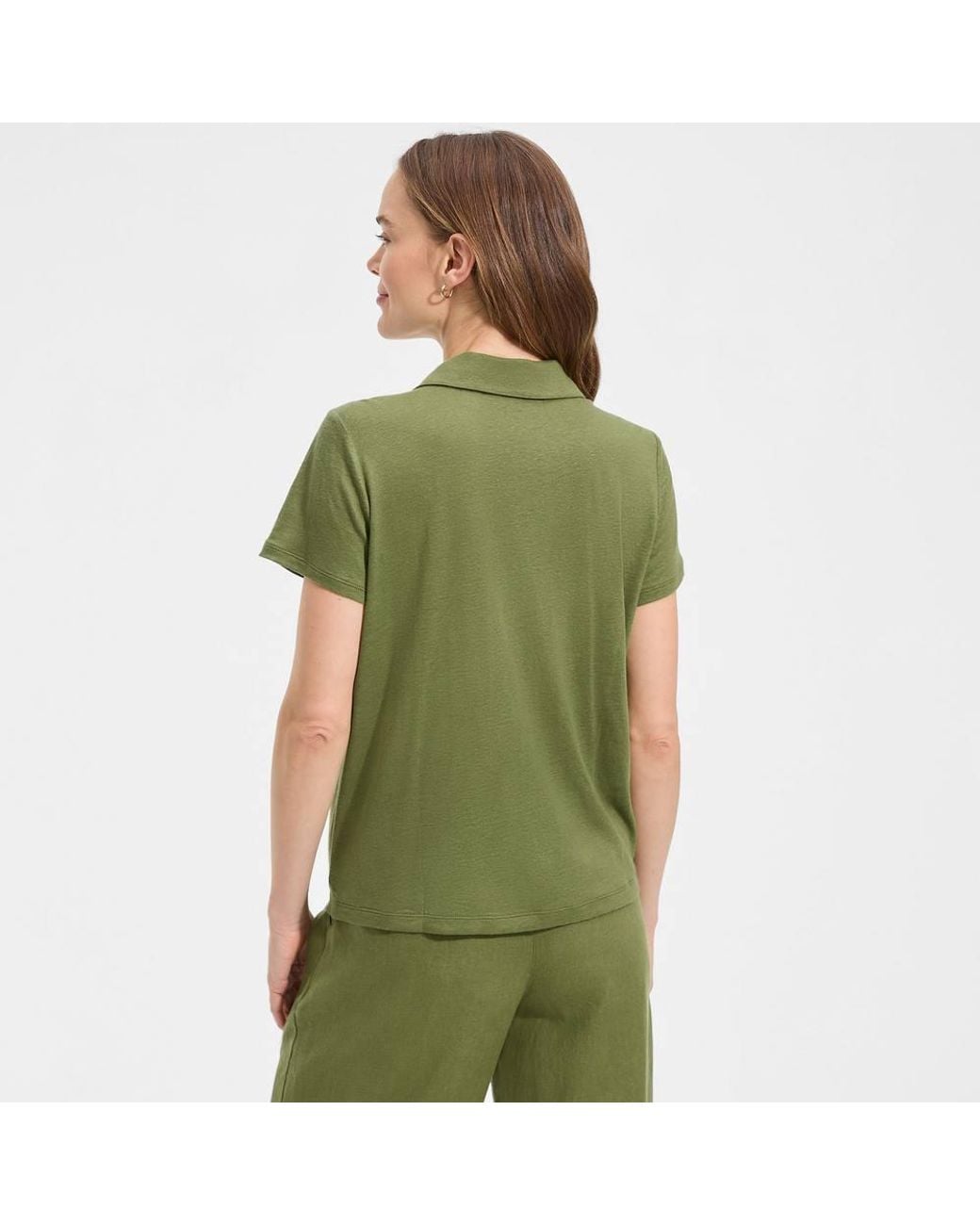 Lands' End Green Petite Linen Blend Button Front Polo