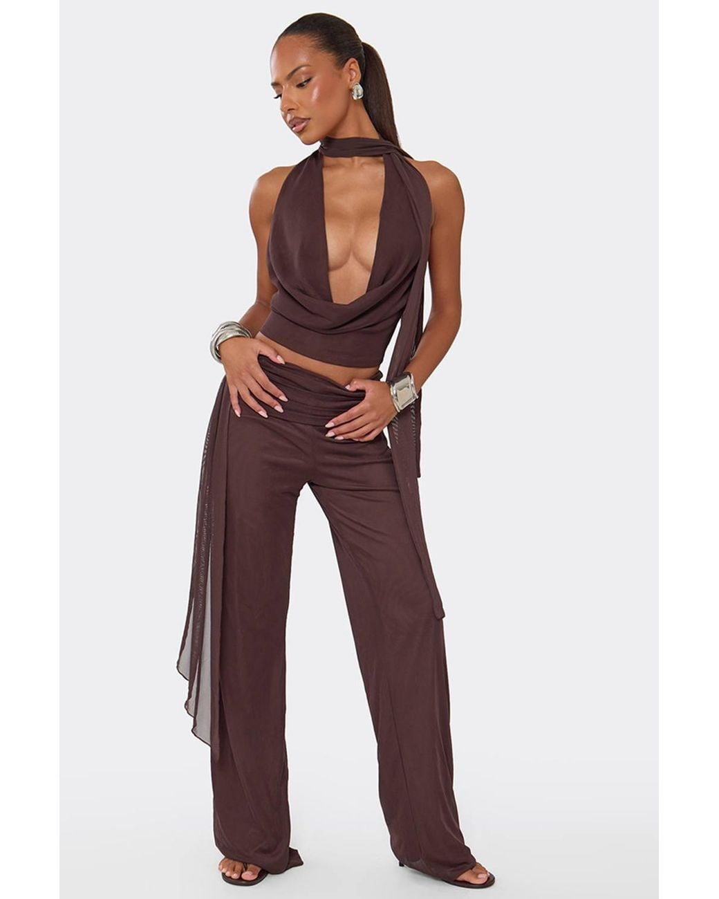 EGO Red Wide Leg Drape Low Rise Trousers