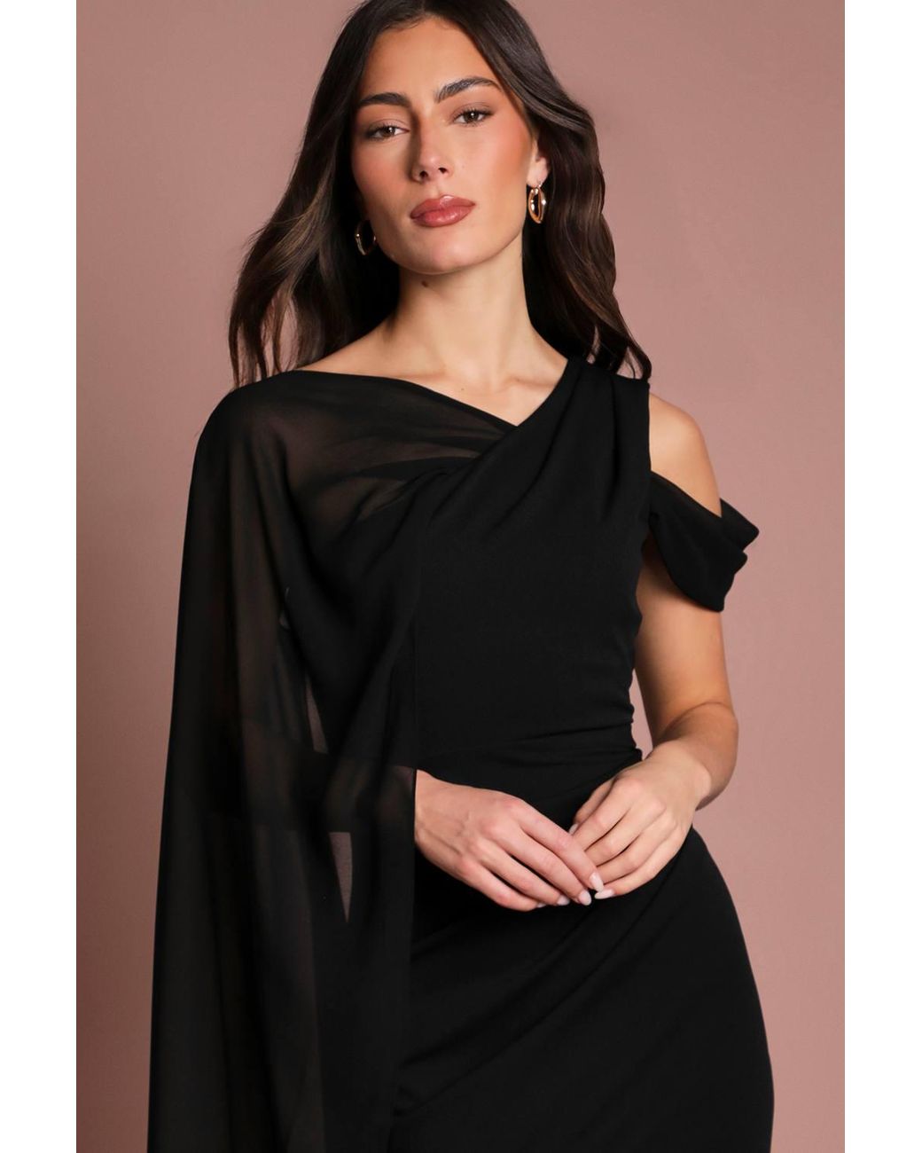 Coast Black One Shoulder Chiffon Cape Crepe Maxi Dress