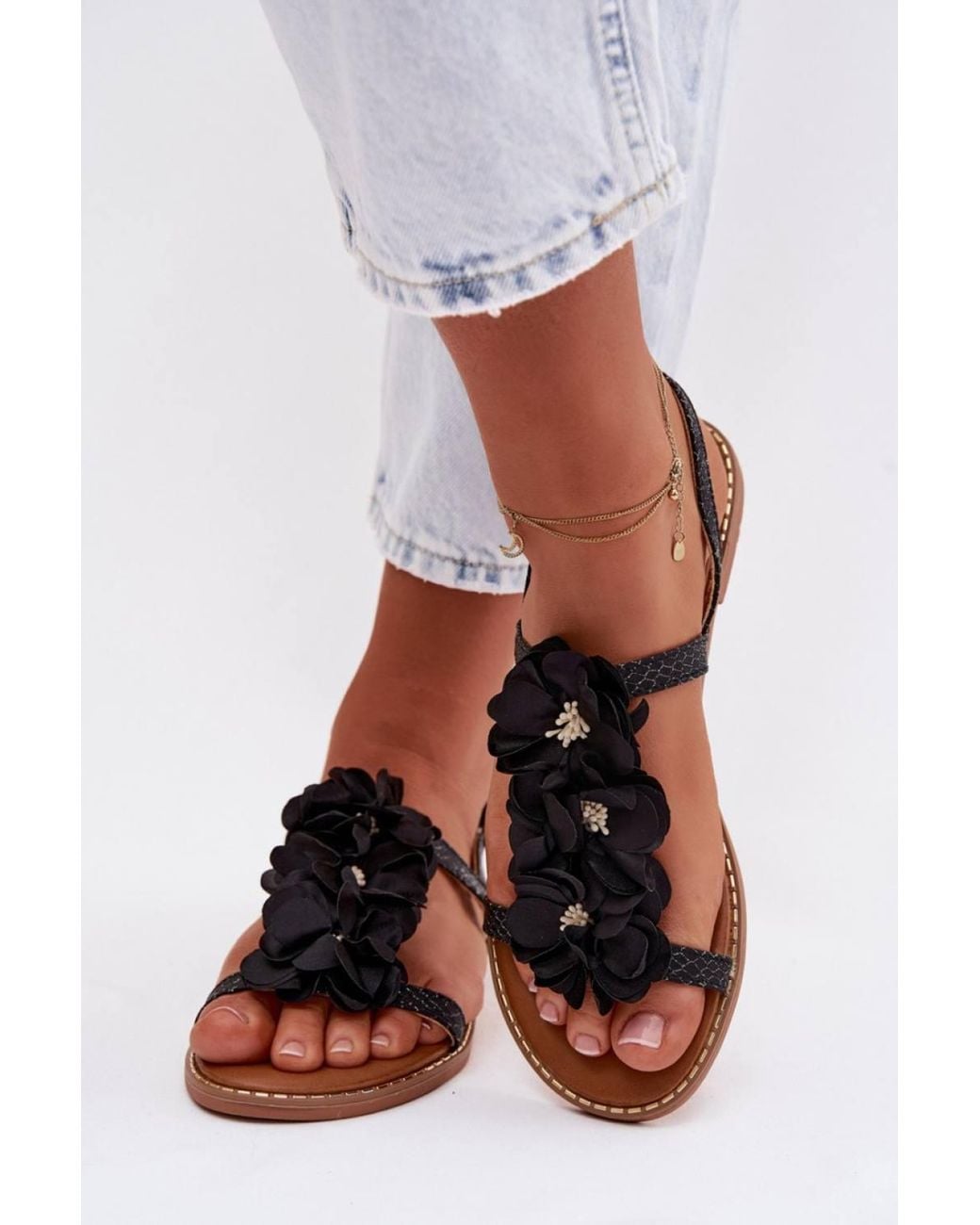 Love Lace Black Stylish Fabric Flower Sandals With Adjustable Buckle Soft Insole