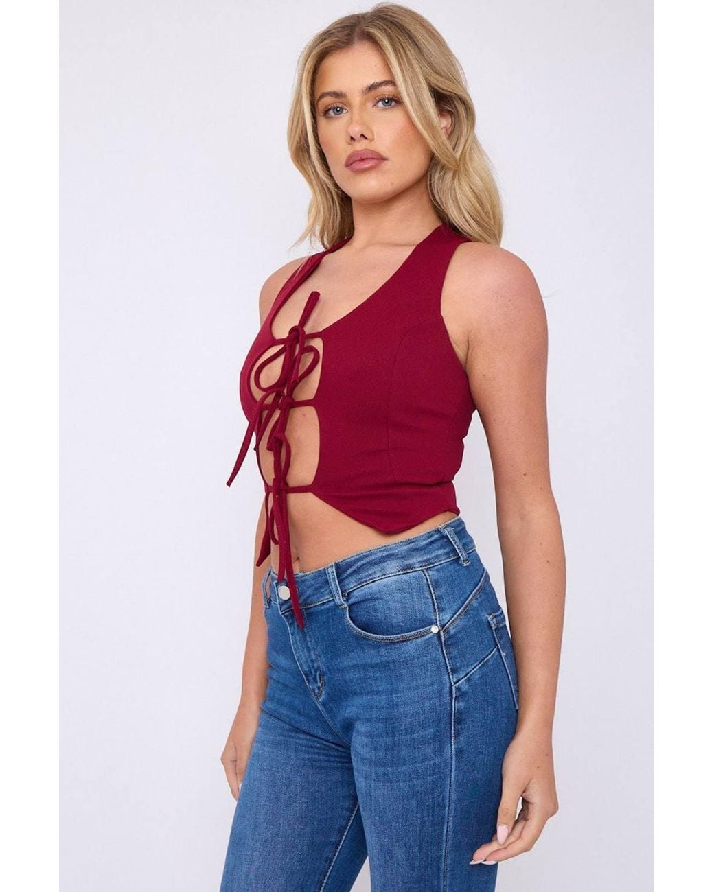 Stylewise Red Tie Knot Waistcoat Crop Top