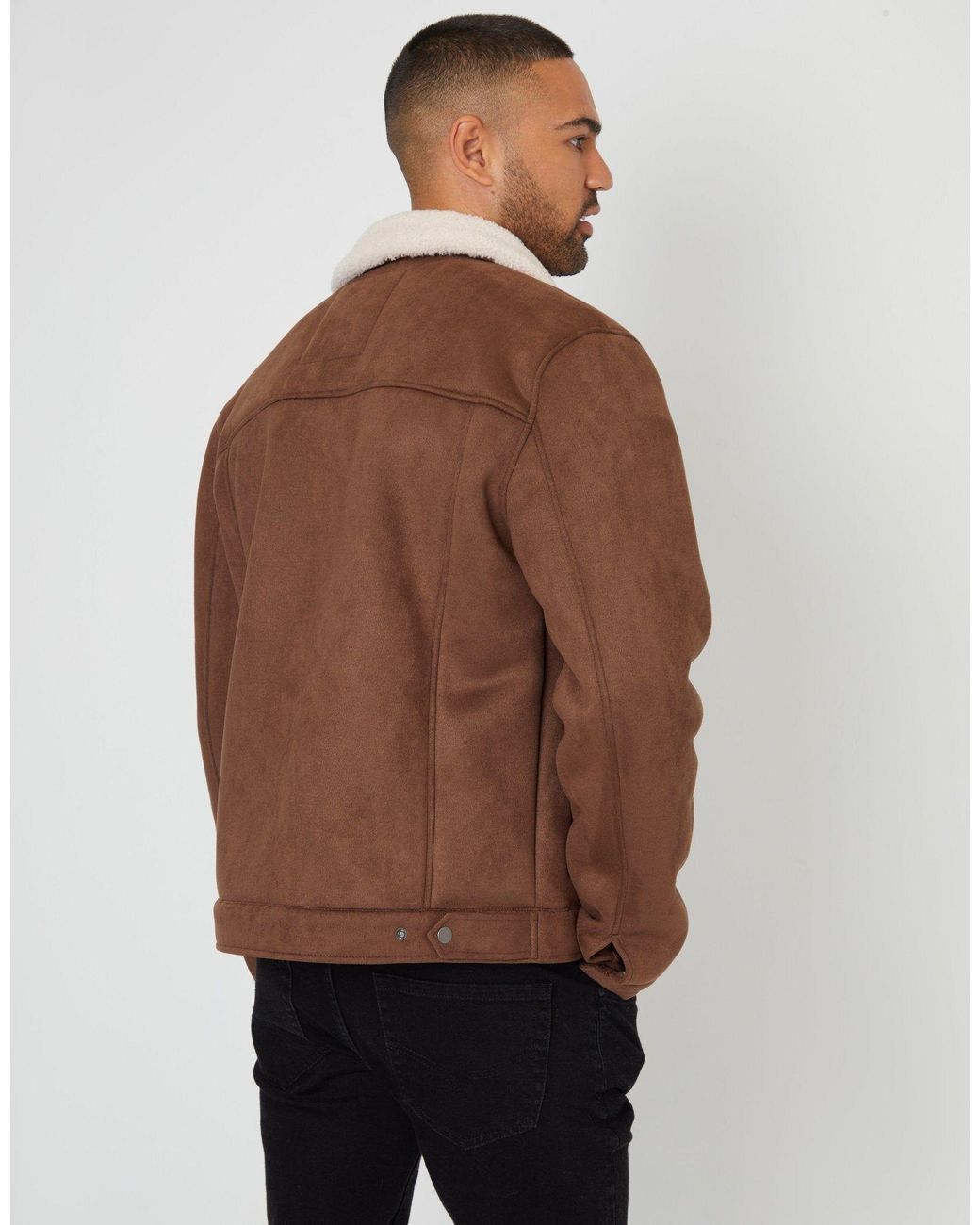 Threadbare Brown Faux Suede Borg Lined Aviator Jacket for men