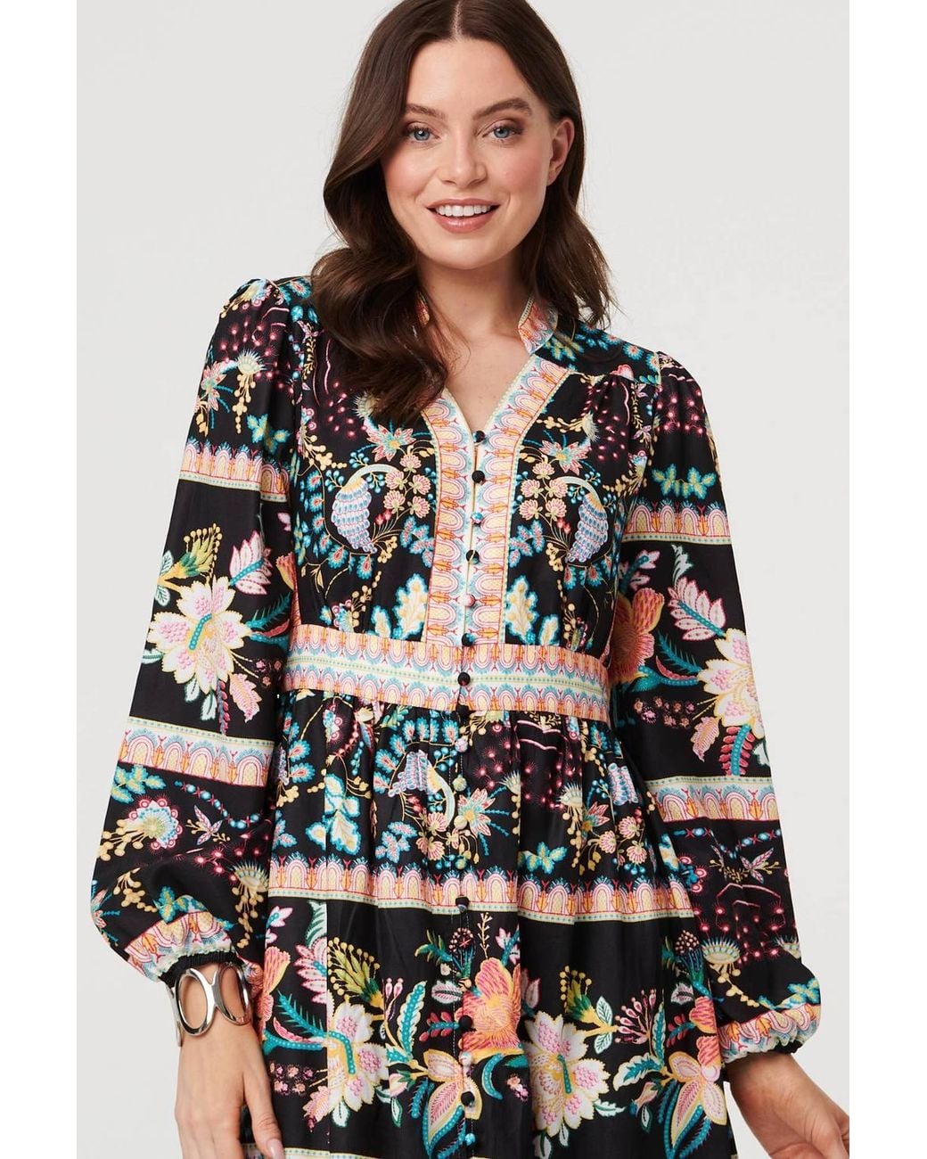 Izabel London White Floral Long Sleeve Buttoned Midi Dress