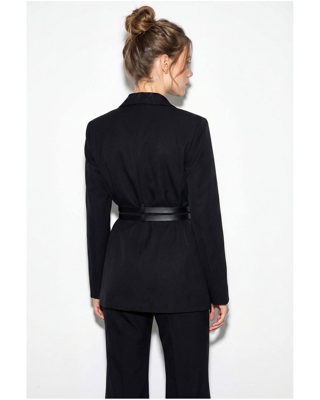 Bianco Lucci Black Long Crepe Blazer With Patch Detail