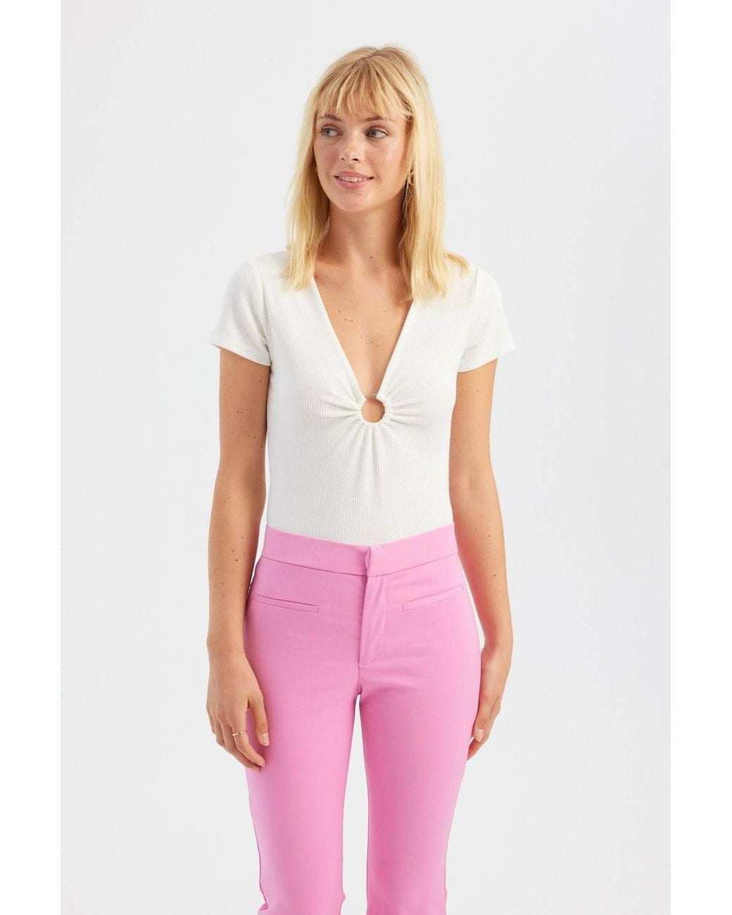 Hiccup Pink V Neck Short Sleeve Top With A Ruched Detail