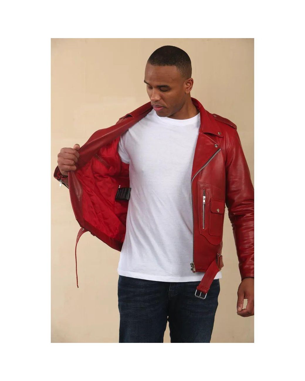 TruClothing Red Cow Hide Biker Brando Cross Zip Leather Jacket for men