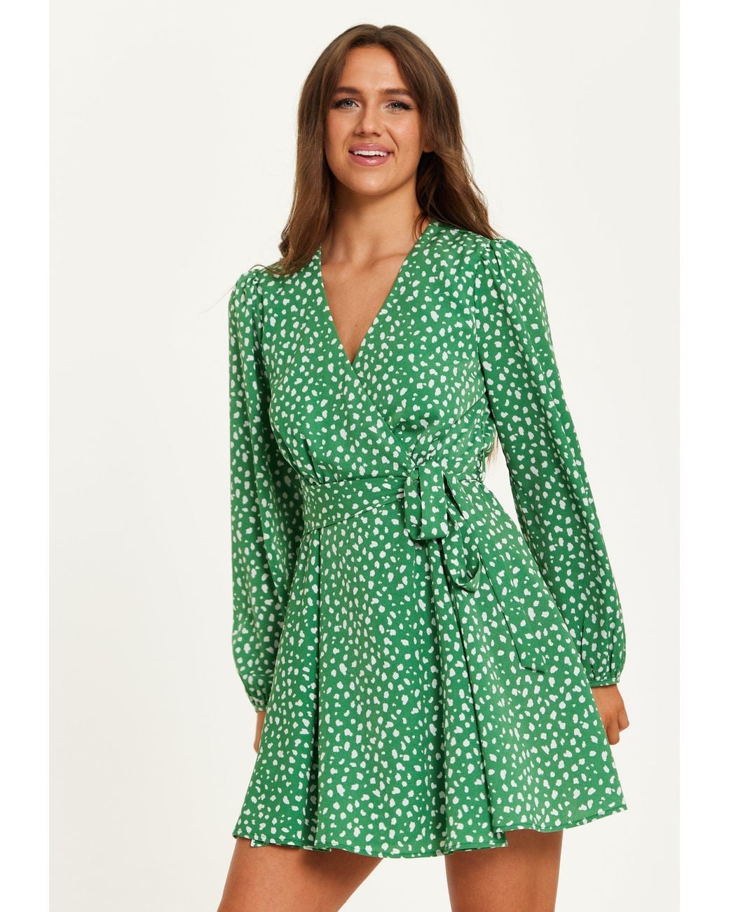 Liquorish Green Animal Print Mini Wrap Dress With Long Sleeves