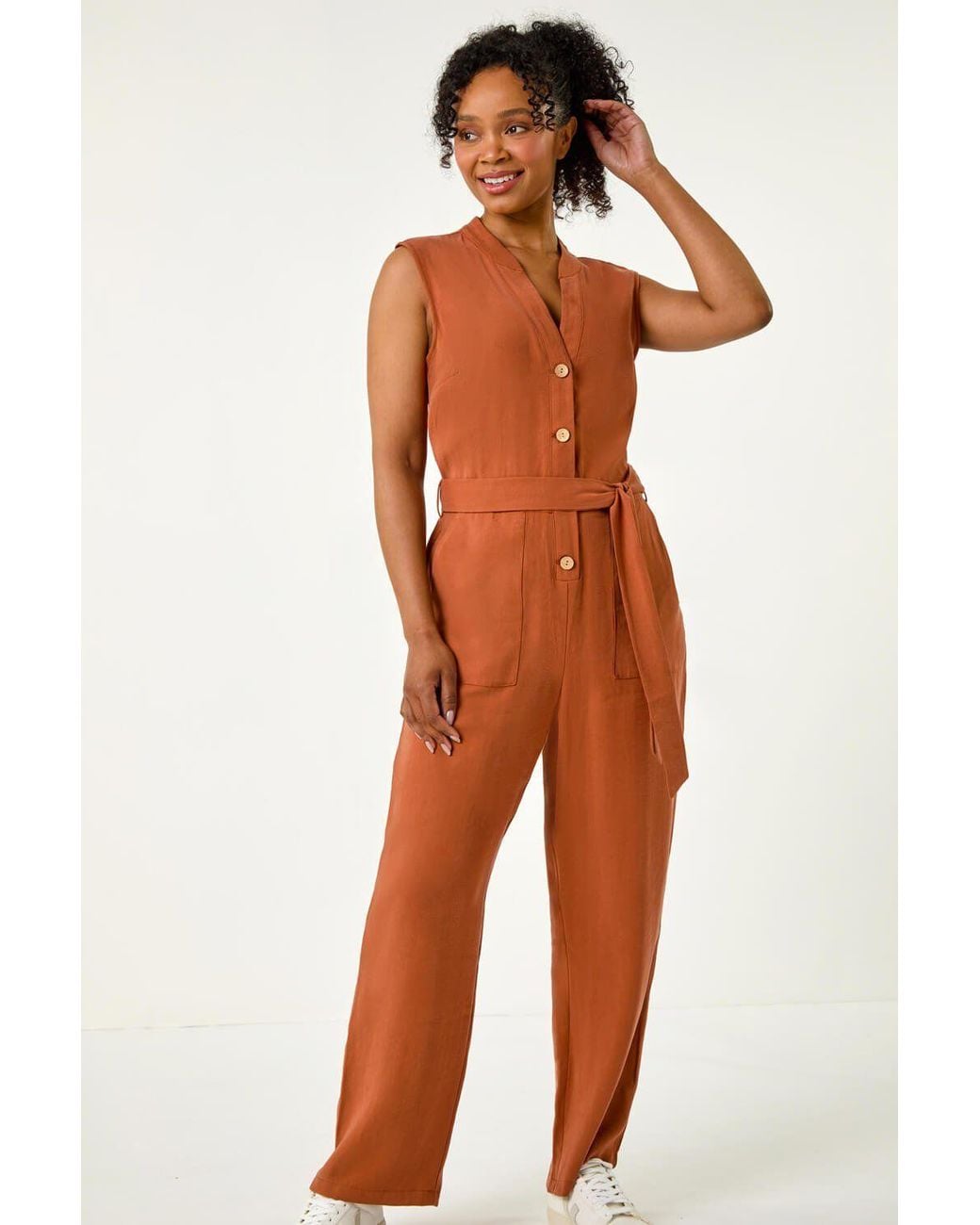 Roman Orange Petite Button Detail Pocket Jumpsuit