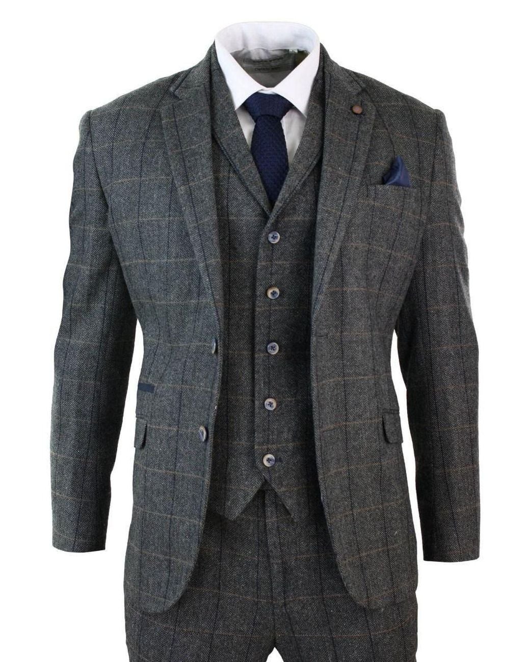 Infinity Leather Black 3 Piece Check Tweed Herringbone Vintage Classic Suit for men