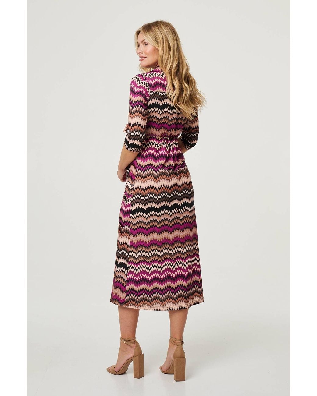 Izabel London Natural Chevron Print Tie Waist Midi Shirt Dress