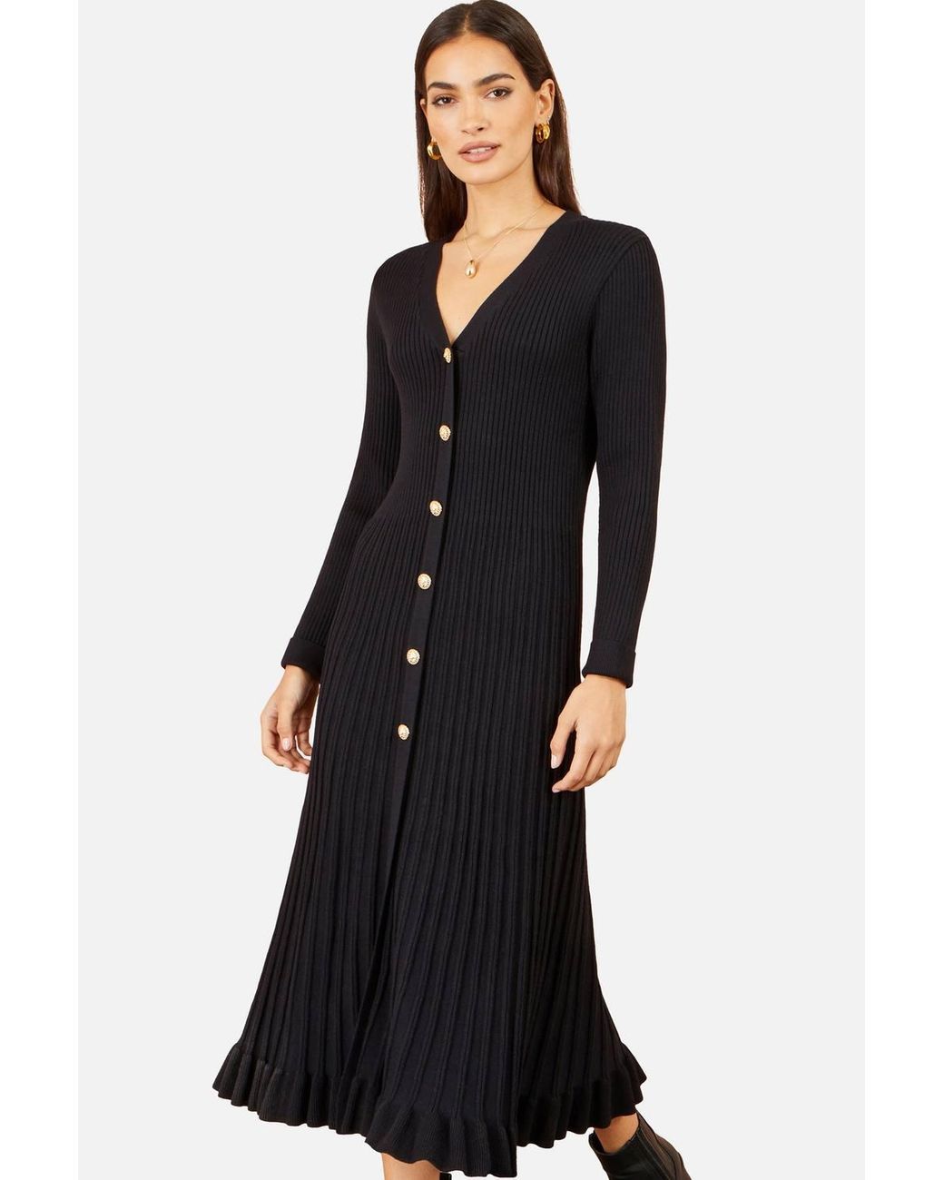 Yumi' Black Viscose Knitted Midi Ribbed Dress