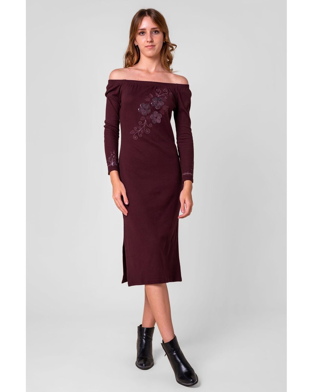 Enorsia Red Off Shoulder Embroidery Decor Midi Dress