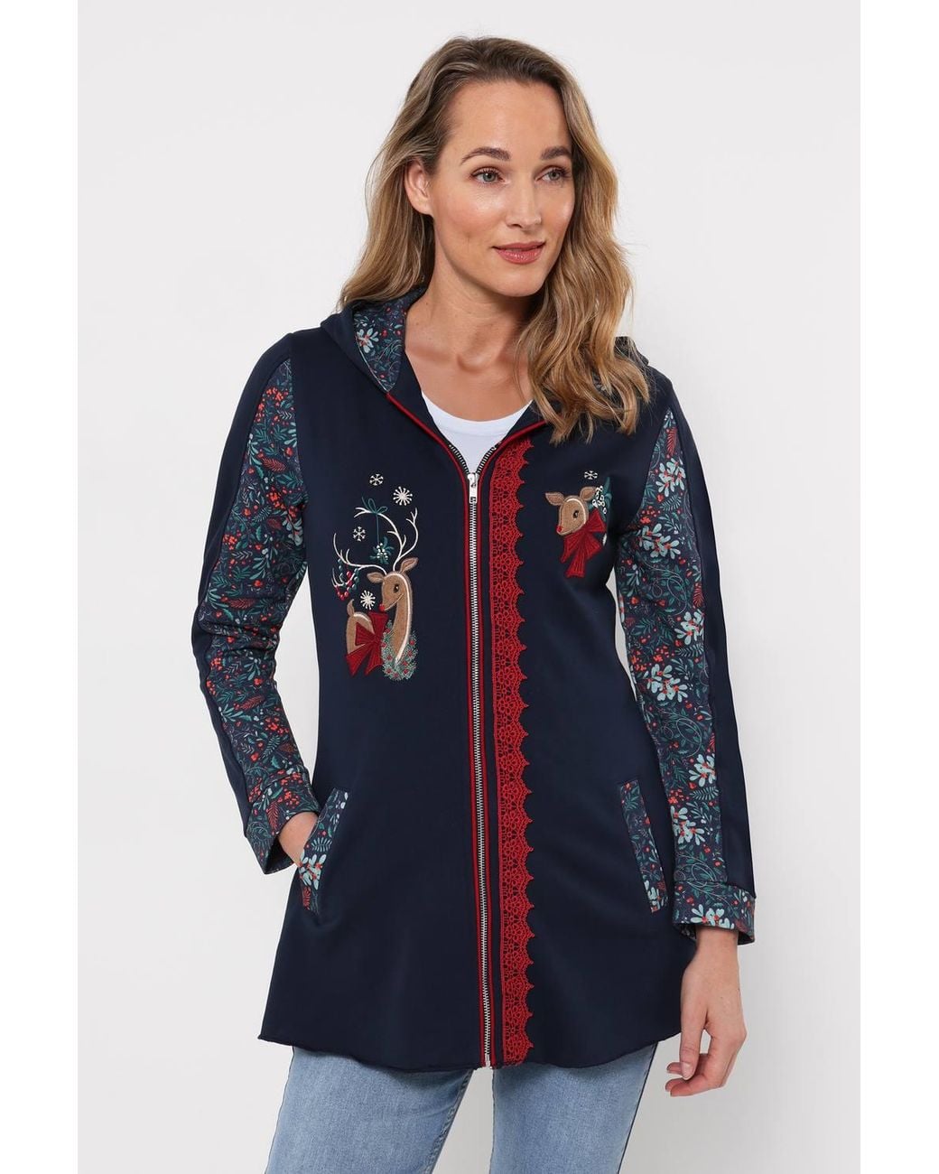 Joe Browns Blue Christmas Reindeer Zip Through Hoodie