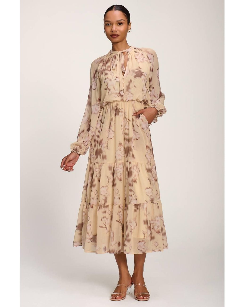Jolie Moi Natural Chiffon Tie Neckline Maxi Dress