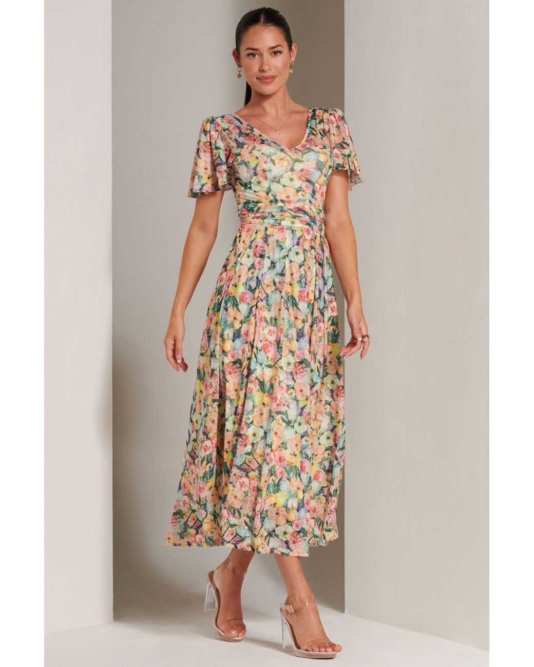 Jolie Moi Natural Bianca V-Neck Pleated Mesh Maxi Dress