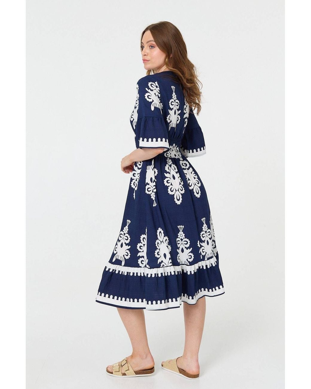 Izabel London Blue Ikat Print 1/2 Flared Sleeve Midi Dress