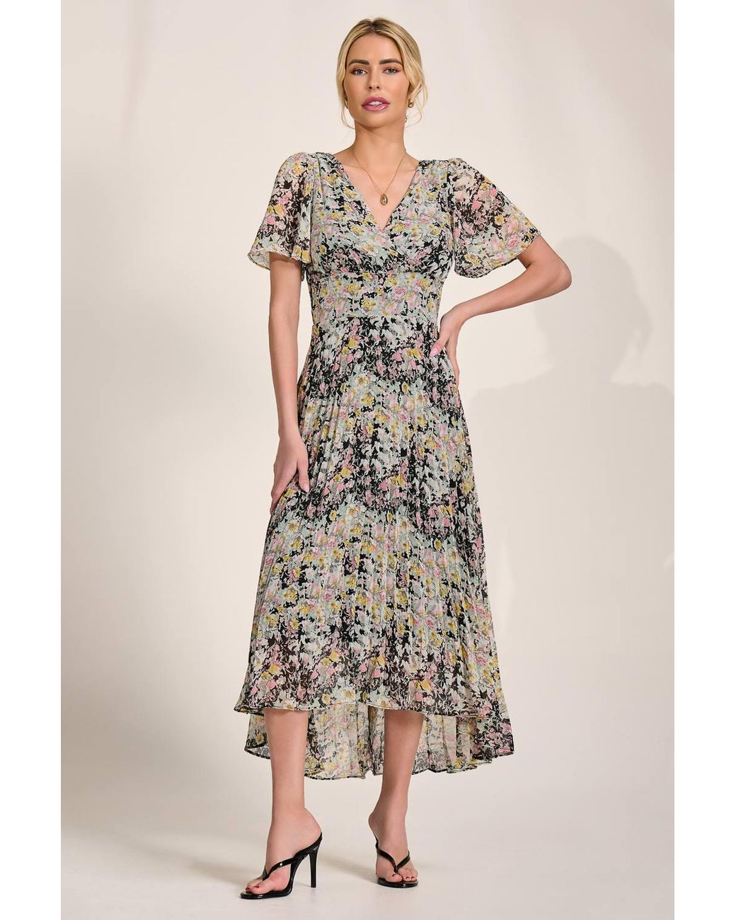 Jolie Moi Natural Floral Chiffon V Neck Midaxi Dress