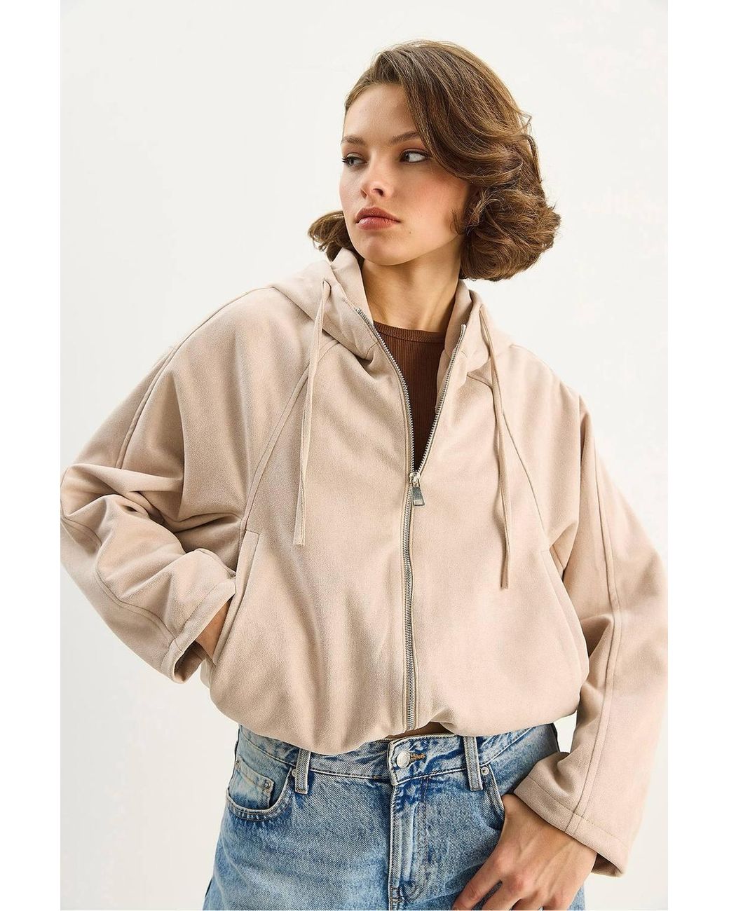 Bianco Lucci Natural Hooded Zipper Jacket