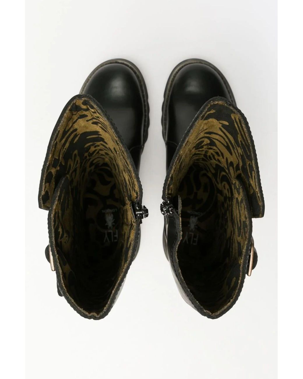 Infinity Leather Black Fly London Mol 2 Leather Wedge Heel Knee High Zip-Up Boots