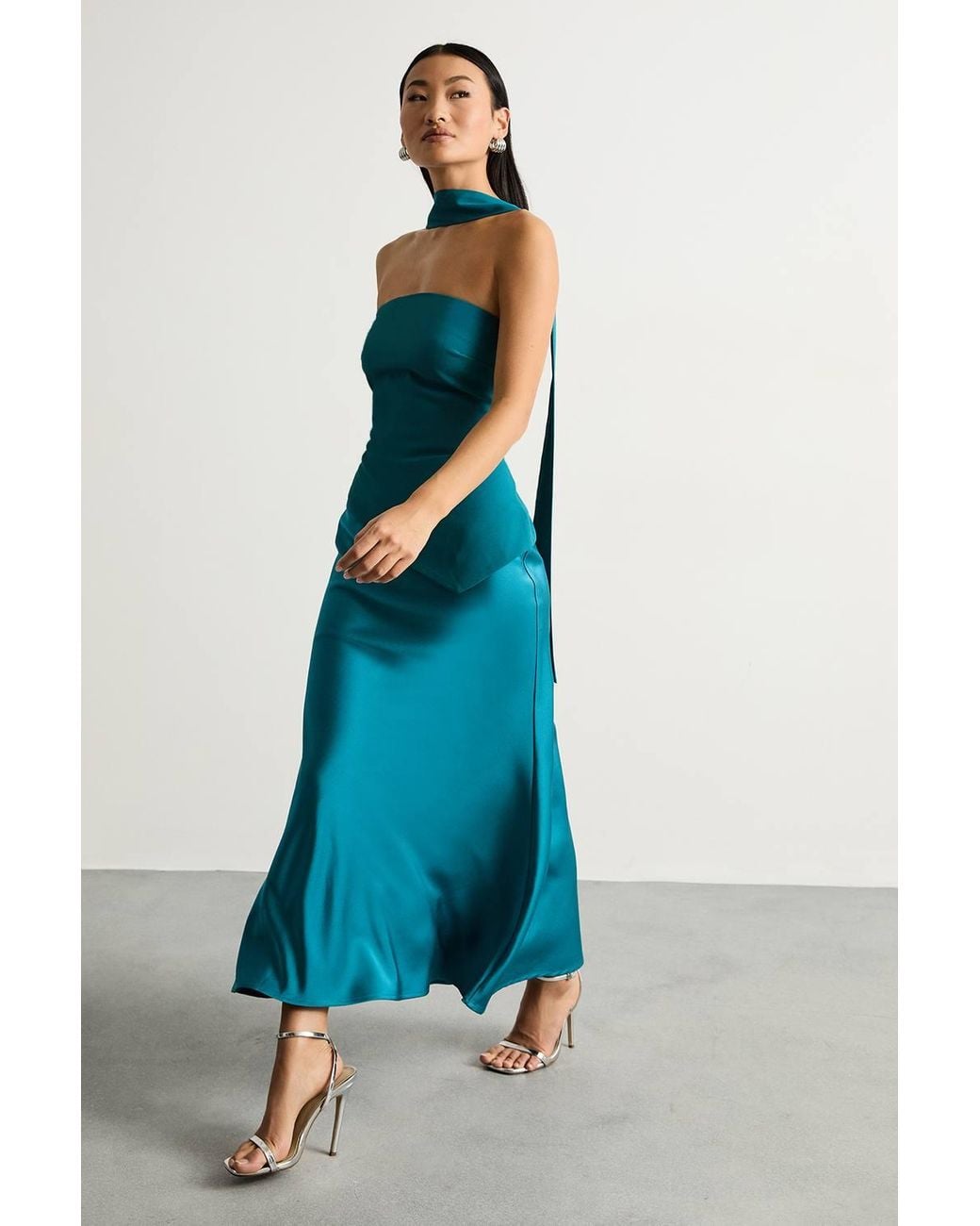 Warehouse Blue Petite Strapless Structured Bodice Satin Midi Dress