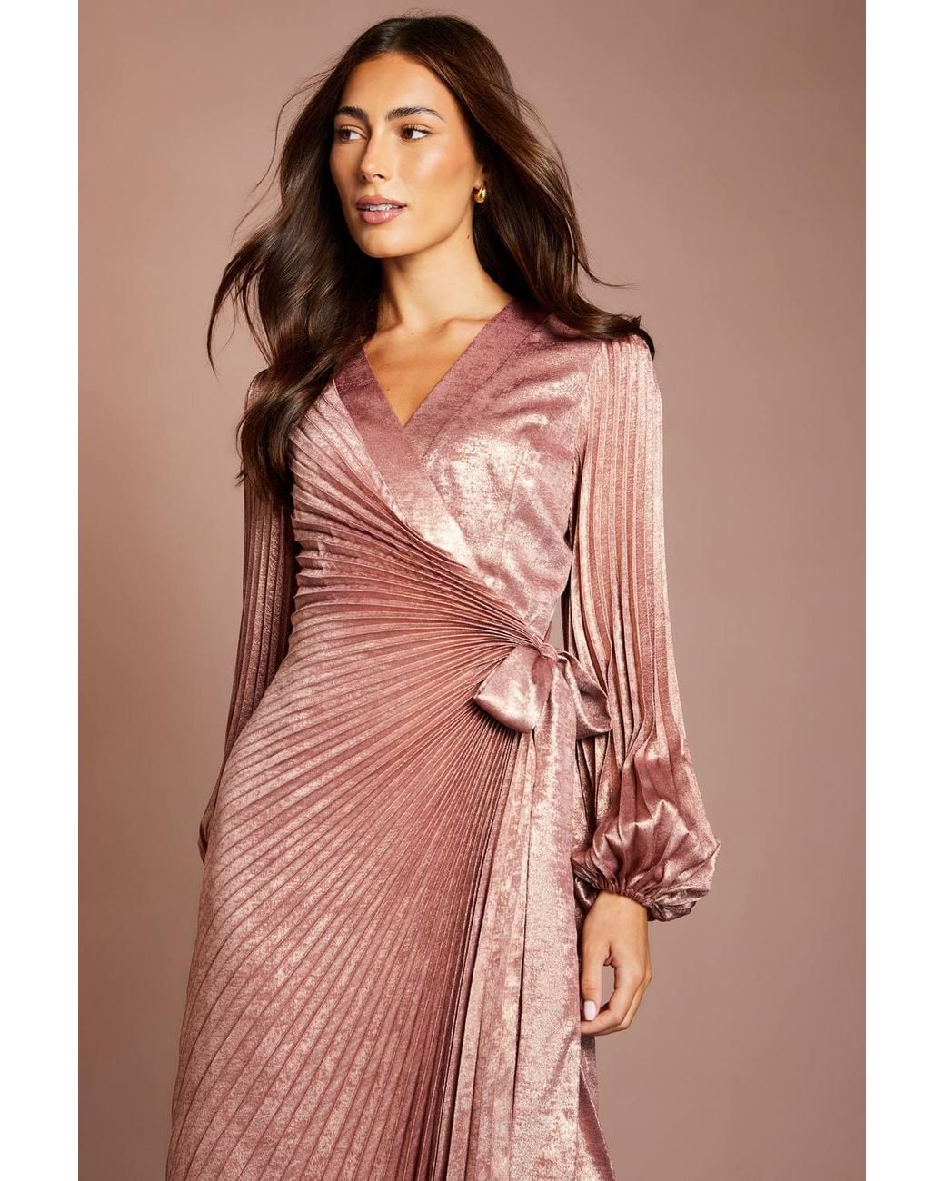 Coast Brown Metallic Blouson Sleeve Tie Wrap Pleated Midi Dress