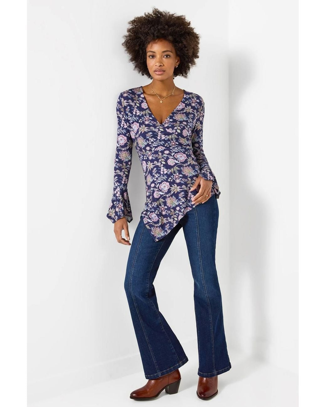 Joe Browns Blue Floral Jersey Wrap Top With Flute Sleeve